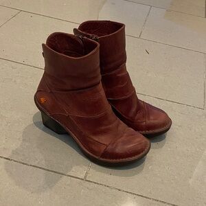 Women's Dark Red Leather Ankle Booties with Low Heel